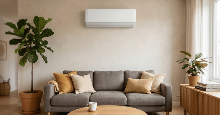 Airco binnenunit in een lichte woonkamer