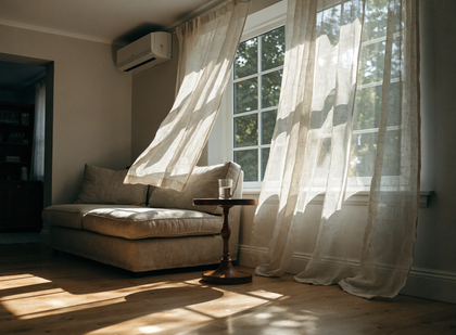 Zonnige woonkamer op een warme zomerdag met een wandairco