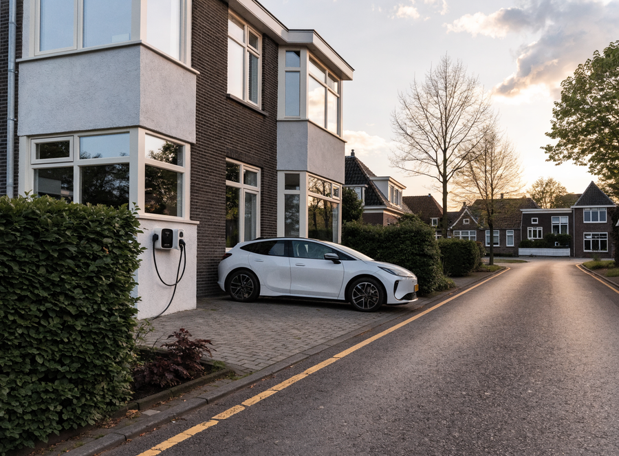 Laadpaal aan de gevel van een woning met een auto op de oprit