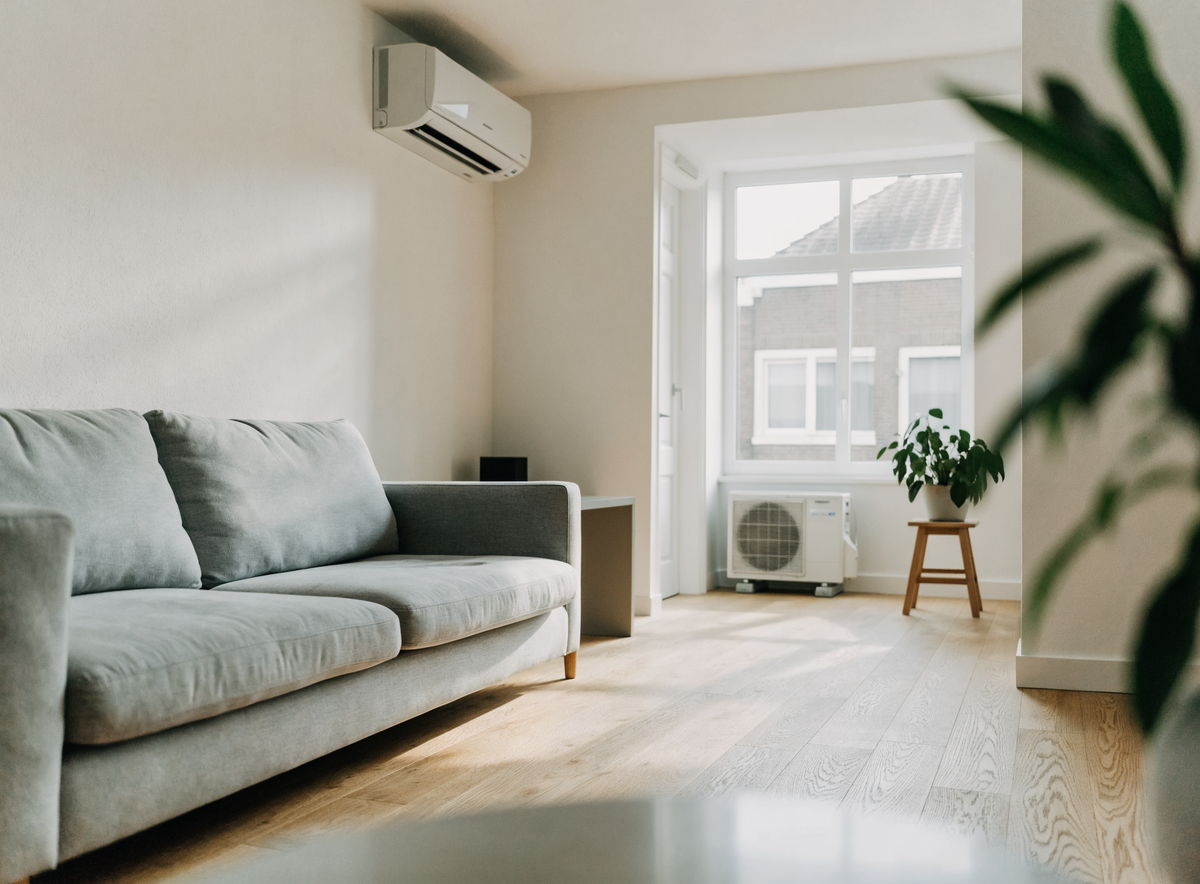 Woonkamer met een wandairco, met door het raam de buitenunit zichtbaar