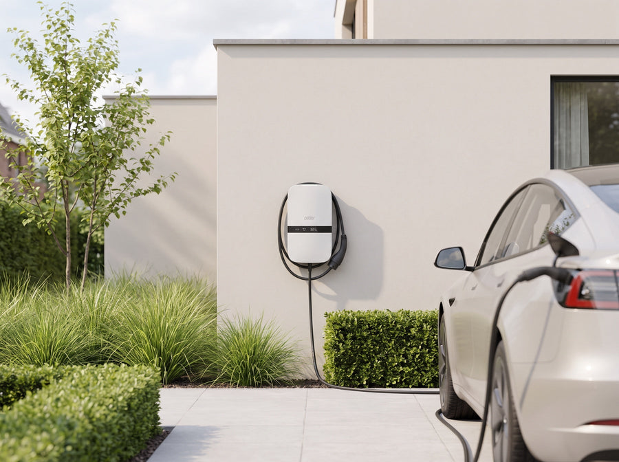Laadpaal aan de gevel van een modern huis met een auto op de oprit