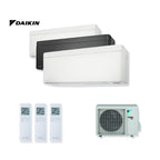 Daikin Stylish multi-split: drie binnenunits in wit en zwart, drie afstandsbedieningen en de buitenunit