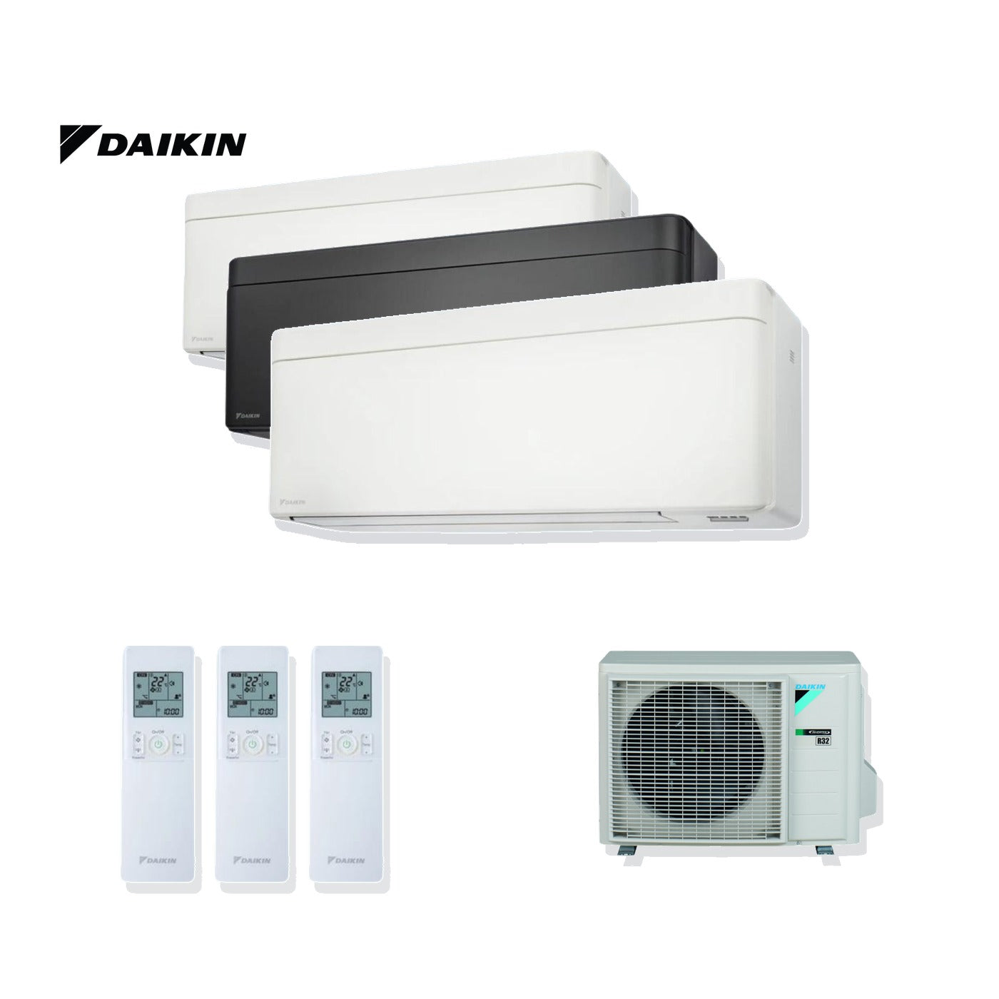 Daikin Stylish multi-split: drie binnenunits in wit en zwart, drie afstandsbedieningen en de buitenunit